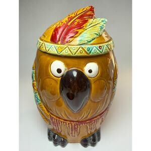 Vintage Whimsical Owl Native American Chief Cookie Jar Canister w/ Lid Japan 70s